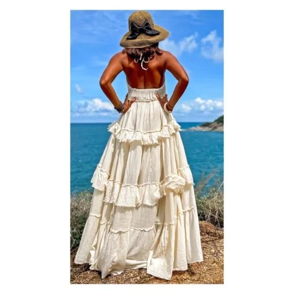CREAM MAXI BOHO RUFFLE DRESS - Picture 4 of 12